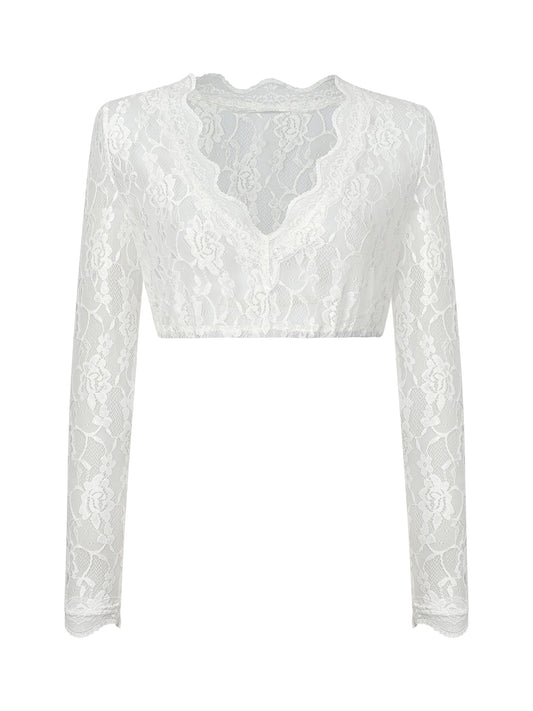 Olivia Dirndlbluse – Weiß, V-Ausschnitt, langarm