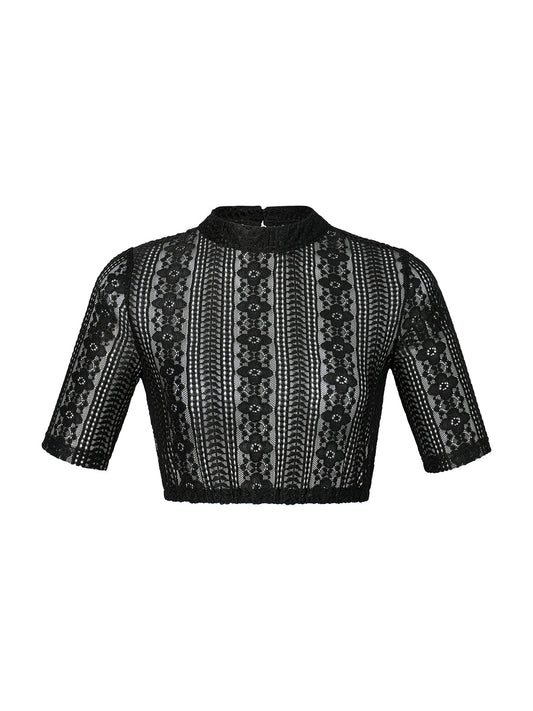 Inga Dirndlbluse – Schwarz, hochgeschlossen, halbarm