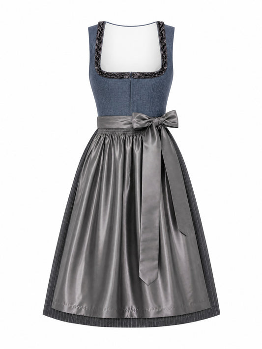 Dirndl Daria in Stahlblau mit Sturmgrau Schürze - Vorderansicht