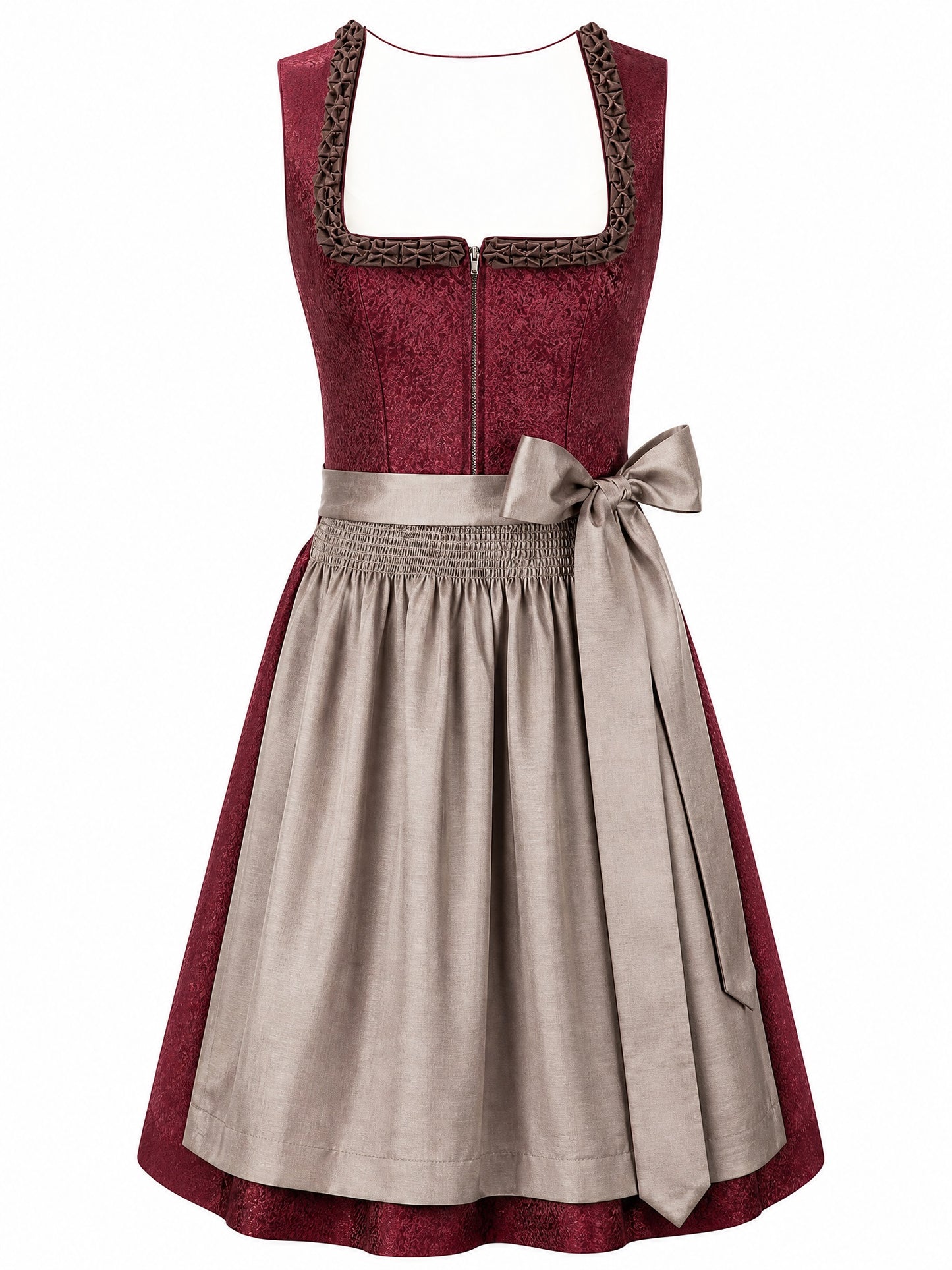 Dirndl Elisa in Weinrot mit Taupe Schürze - Vorderansicht