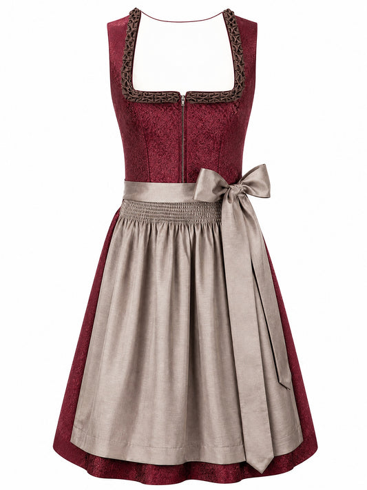 Dirndl Elisa in Weinrot mit Taupe Schürze - Vorderansicht