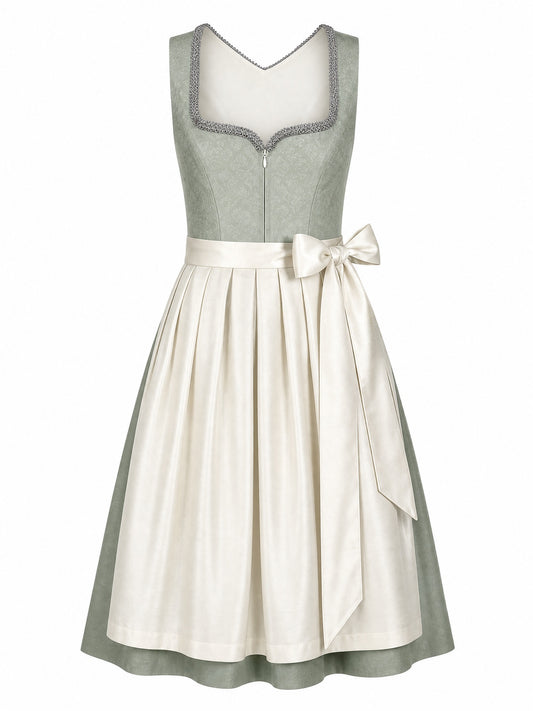 Dirndl Franziska in Mineralgrün mit Elfenbein Schürze - Vorderansicht