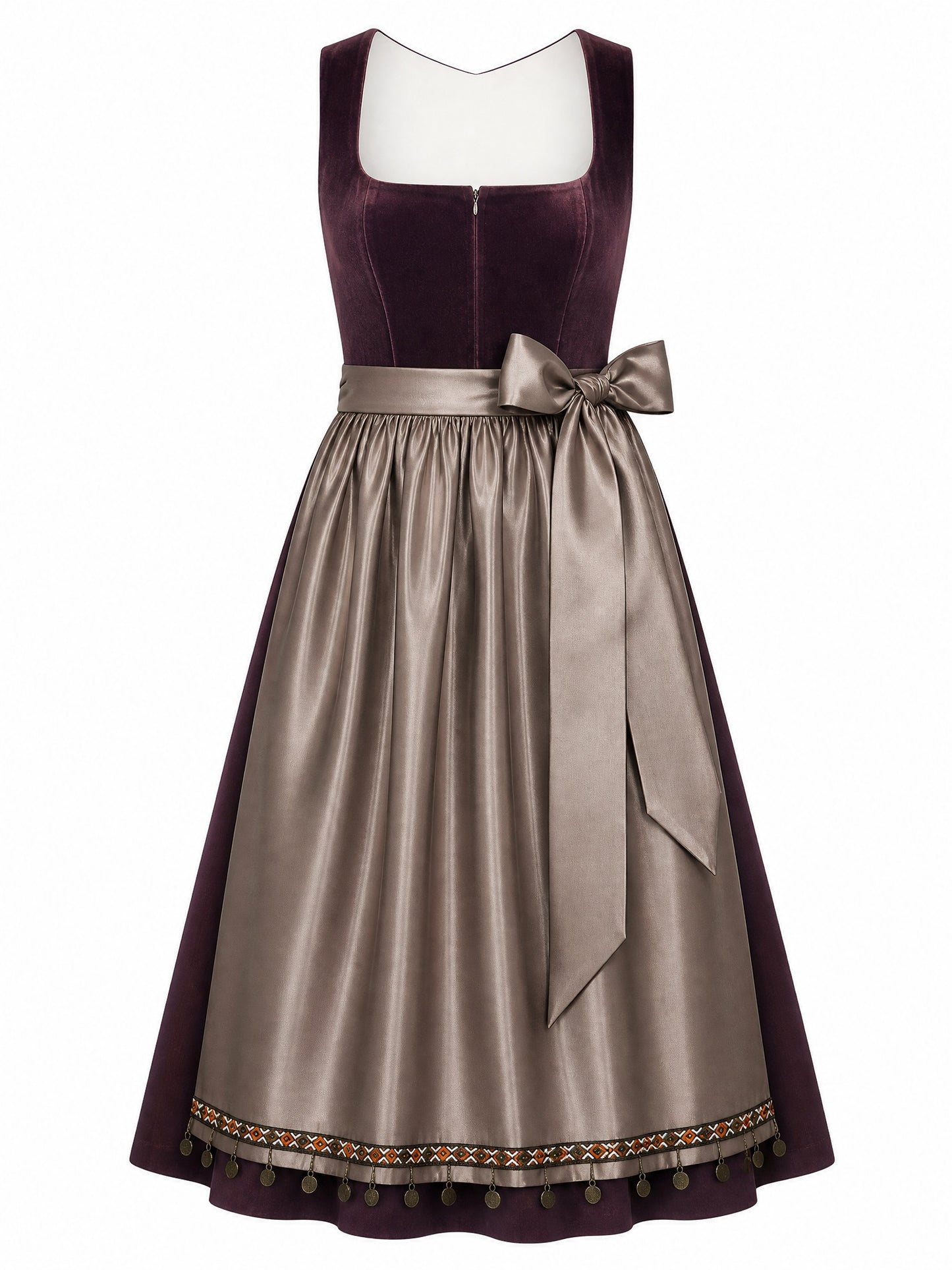 Dirndl Hanna in Brombeere mit Taupe Schürze - Vorderansicht