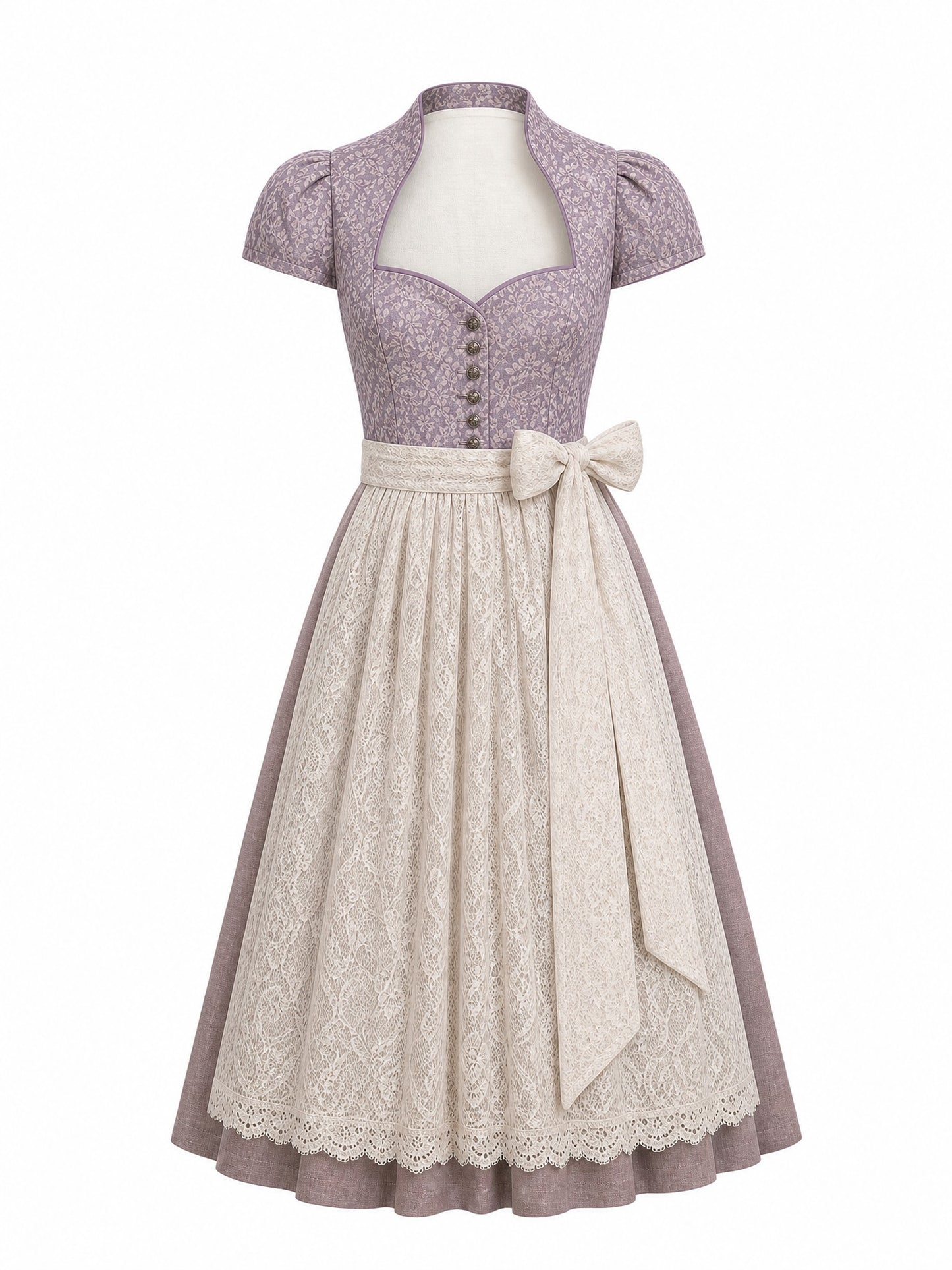 Dirndl Leni in Beigegrau mit Champagner Schürze - Vorderansicht