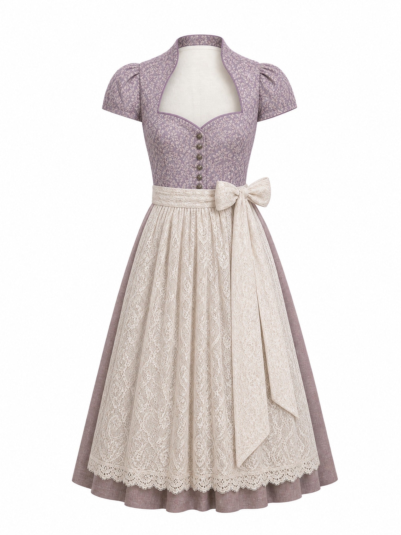Dirndl Leni in Beigegrau mit Champagner Schürze - Vorderansicht
