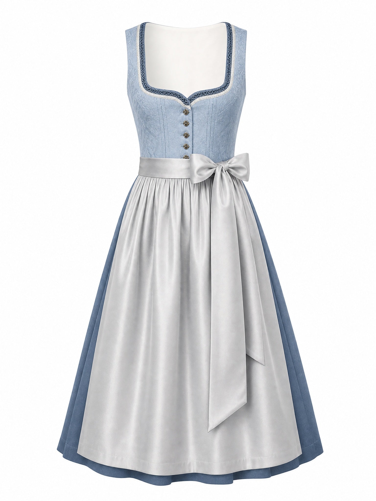 Dirndl Mina in Puderblau mit Silber Schürze - Vorderansicht