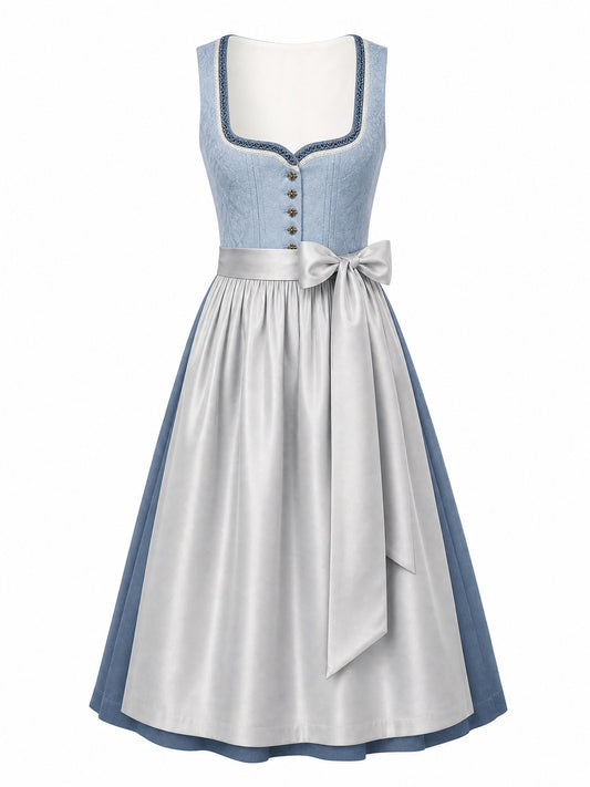 Dirndl Mina in Puderblau mit Silber Schürze - Vorderansicht