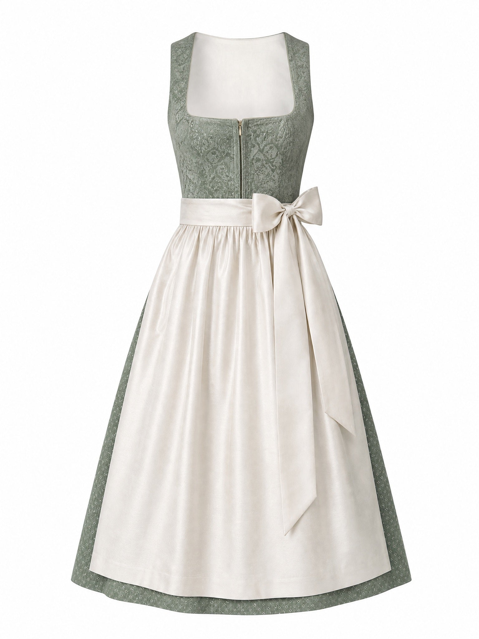 Dirndl Franziska in Mineralgrün mit Elfenbein Schürze - Vorderansicht