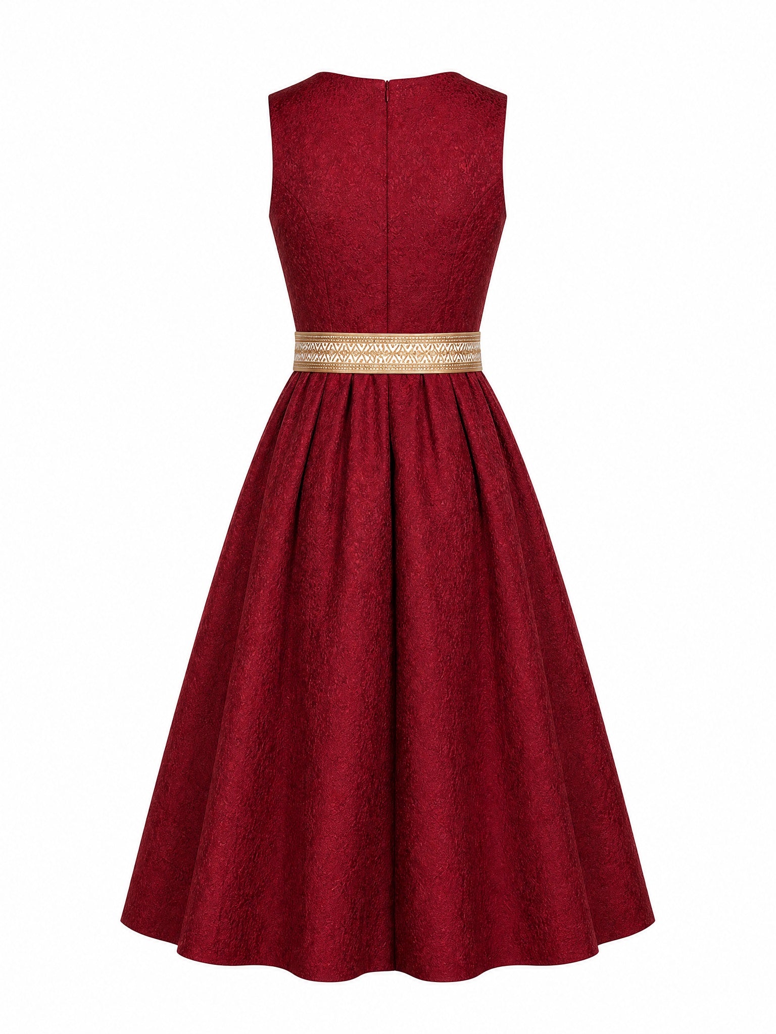 Dirndl Lia in Cranberryrot mit Antikgold Schürze - Rückansicht