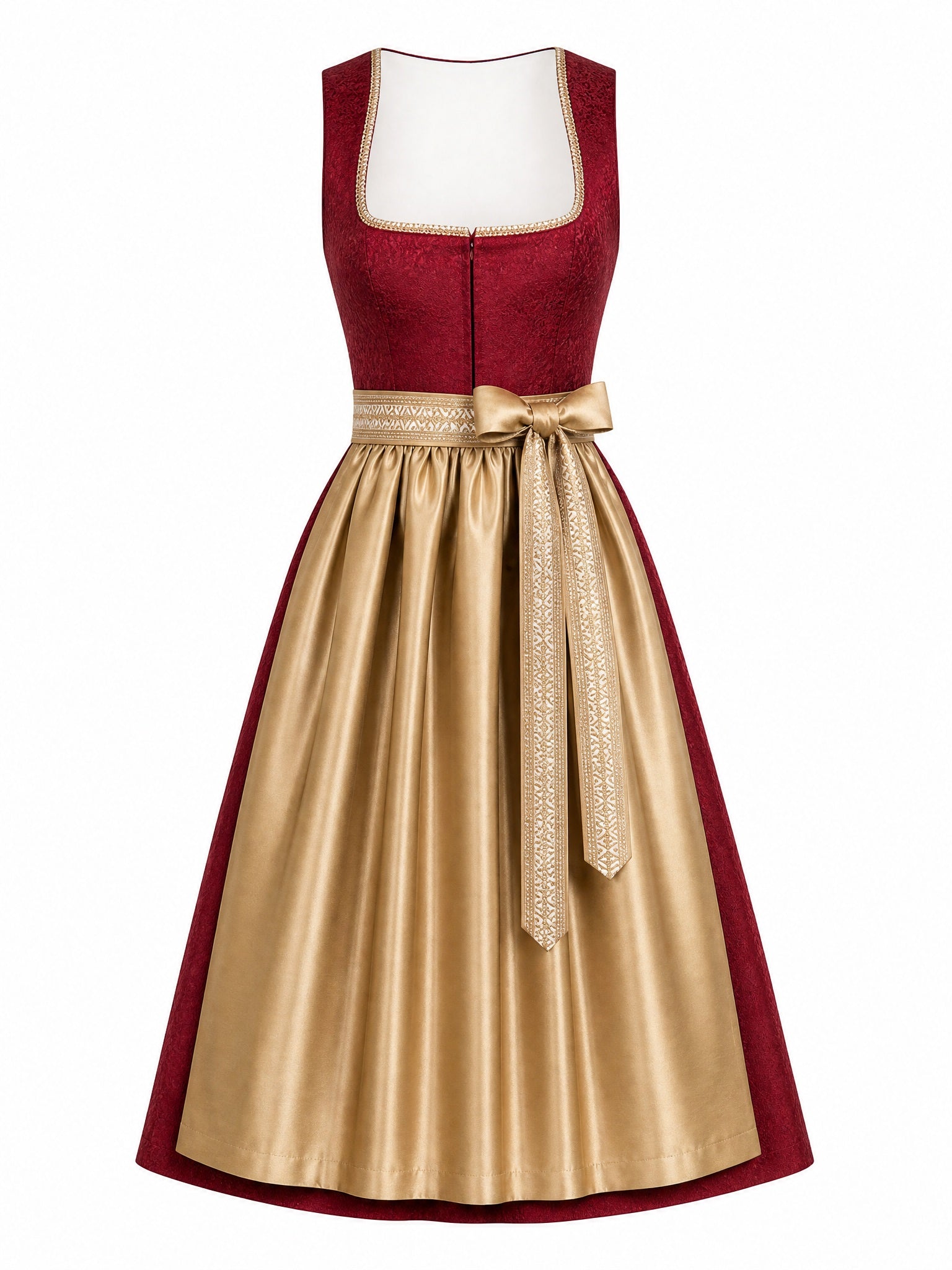 Dirndl Lia in Cranberryrot mit Antikgold Schürze - Vorderansicht
