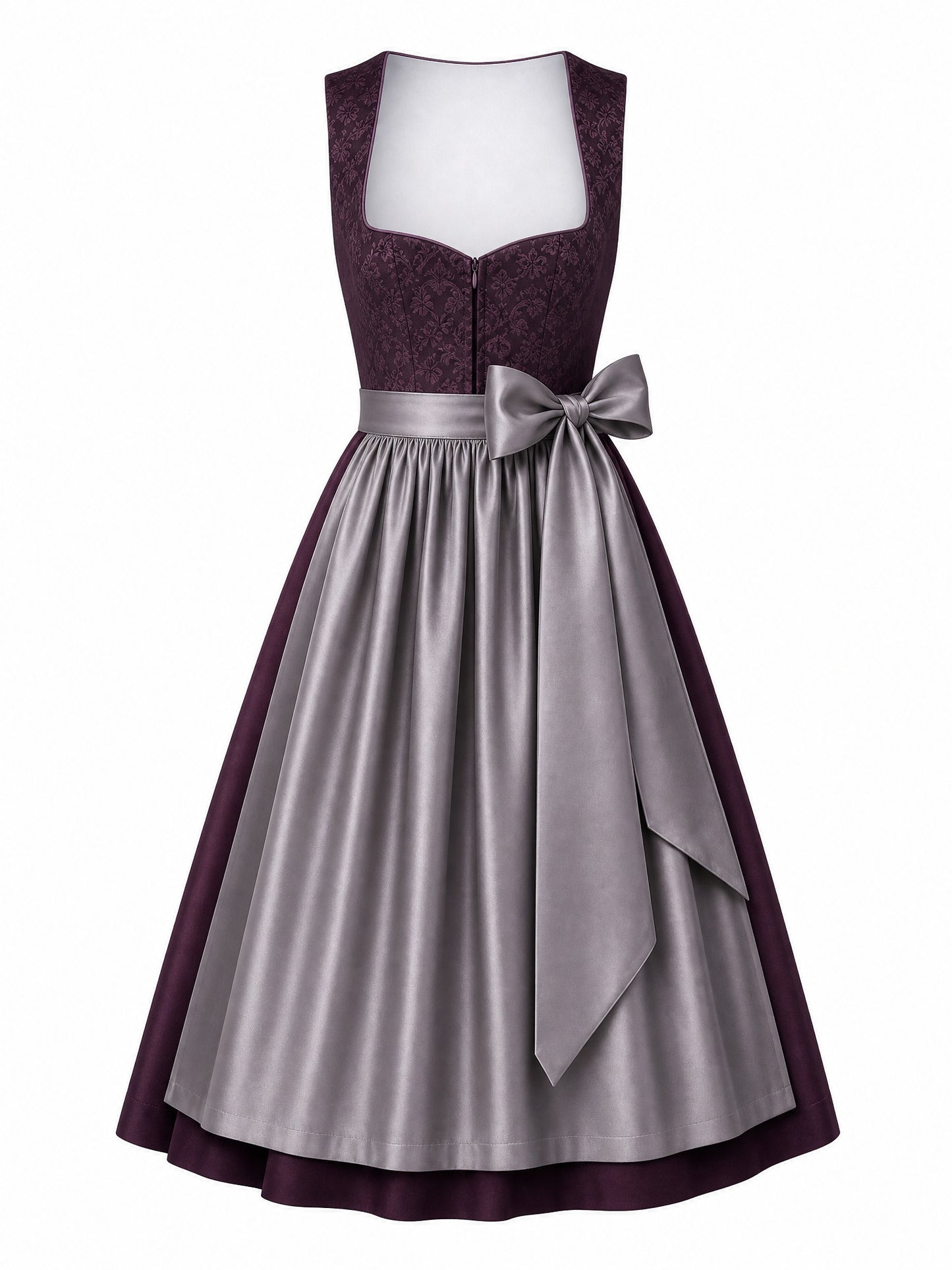 Dirndl Rica in Aubergine mit Perlgrau Schürze - Vorderansicht
