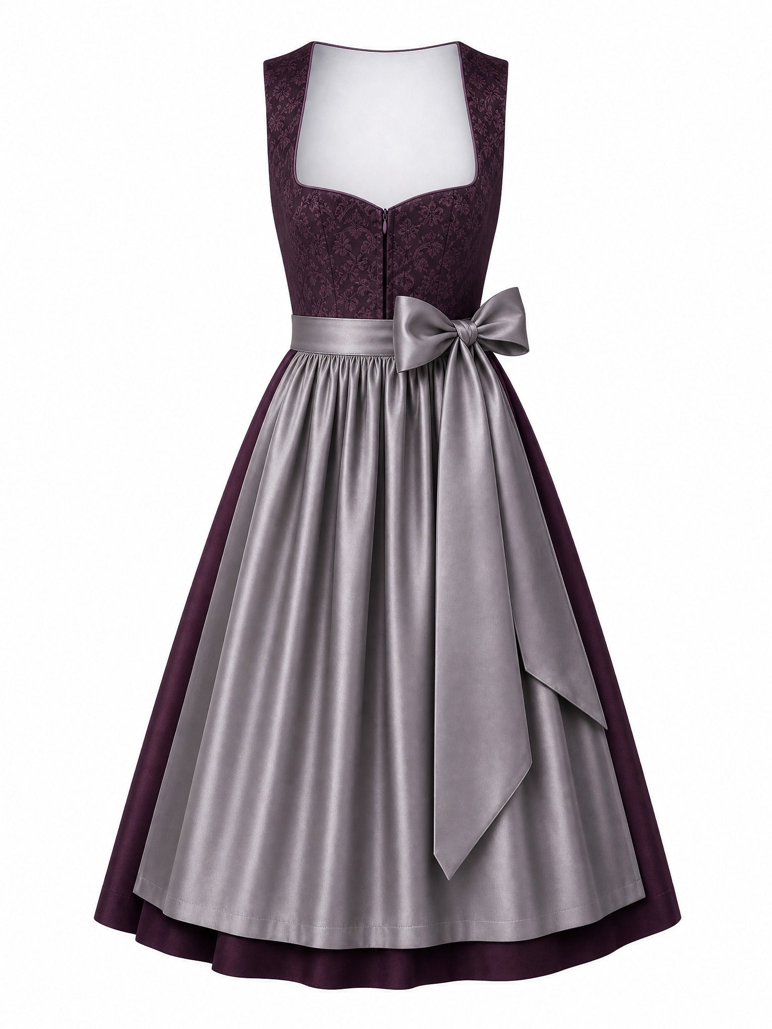 Dirndl Rica in Aubergine mit Perlgrau Schürze - Vorderansicht