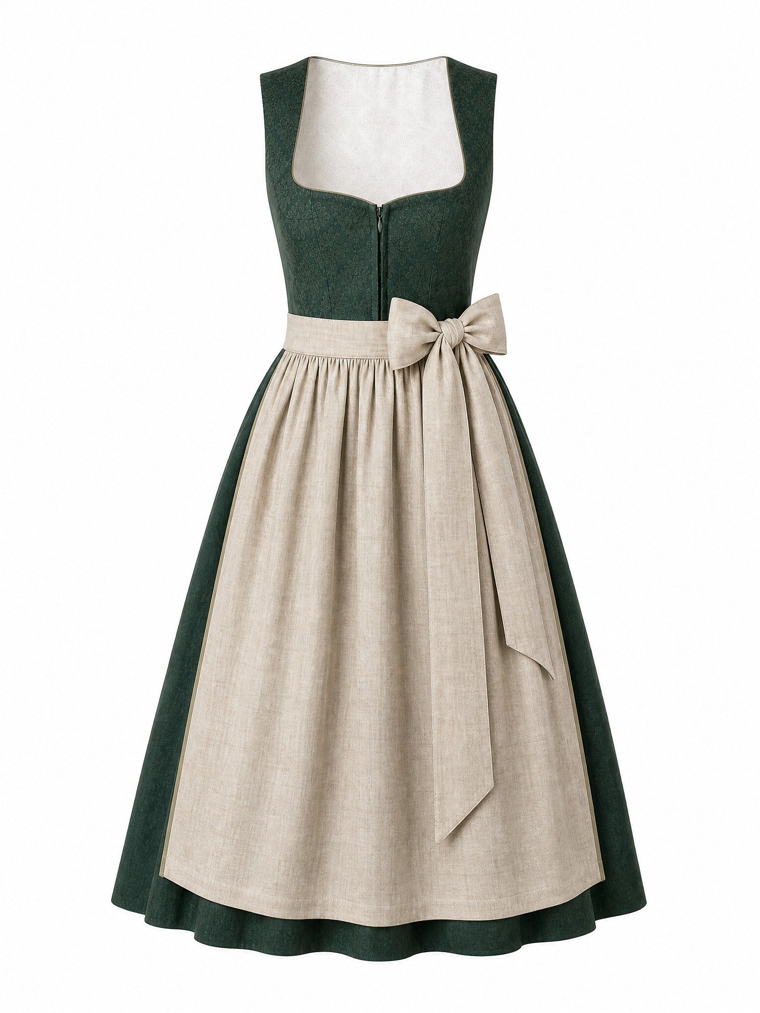 Dirndl Rieke in Waldgrün mit Haferbeige Schürze - Vorderansicht
