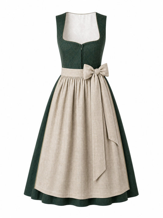 Dirndl Rieke in Waldgrün mit Haferbeige Schürze - Vorderansicht