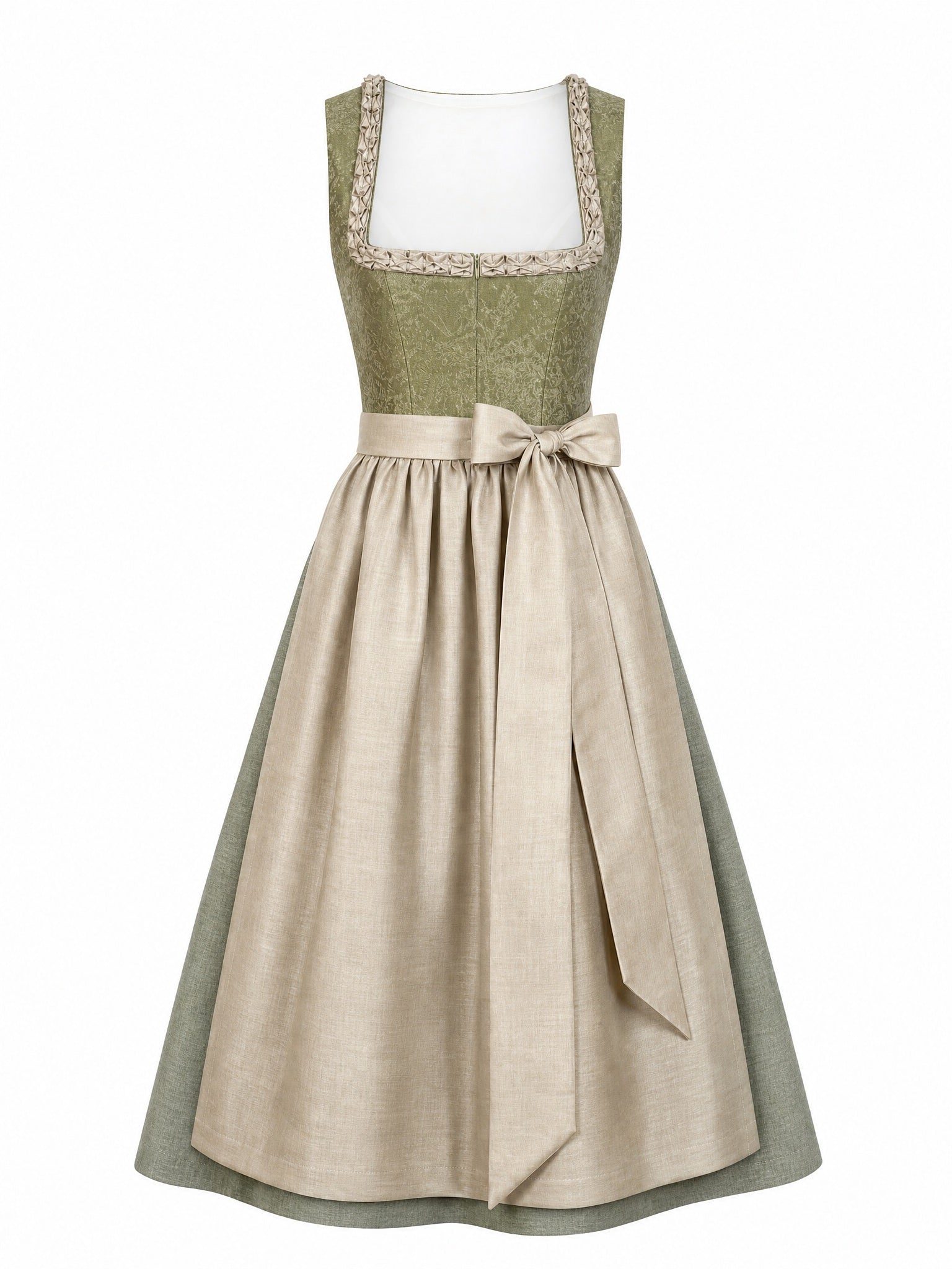 Dirndl Elena in Moosgrün mit Warmer Sand Schürze - Vorderansicht