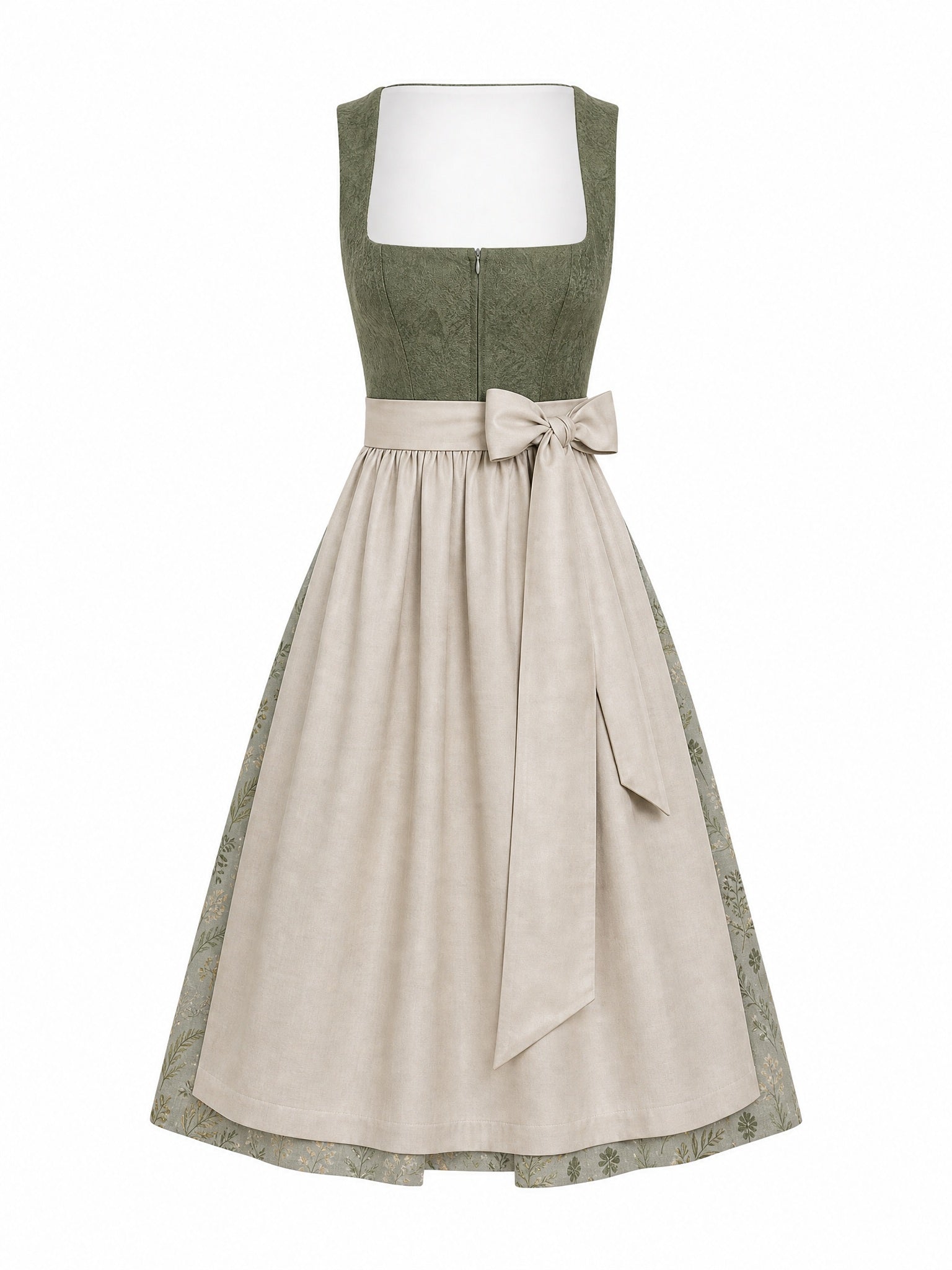 Dirndl Victoria in Moosgrün mit Warmer Sand Schürze - Vorderansicht