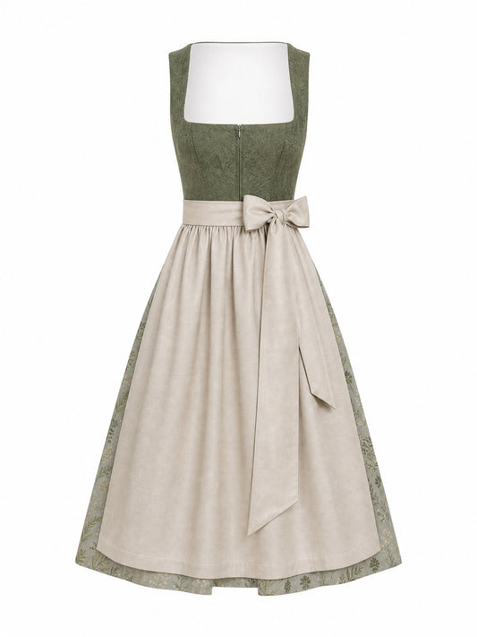 Dirndl Victoria in Moosgrün mit Warmer Sand Schürze - Vorderansicht