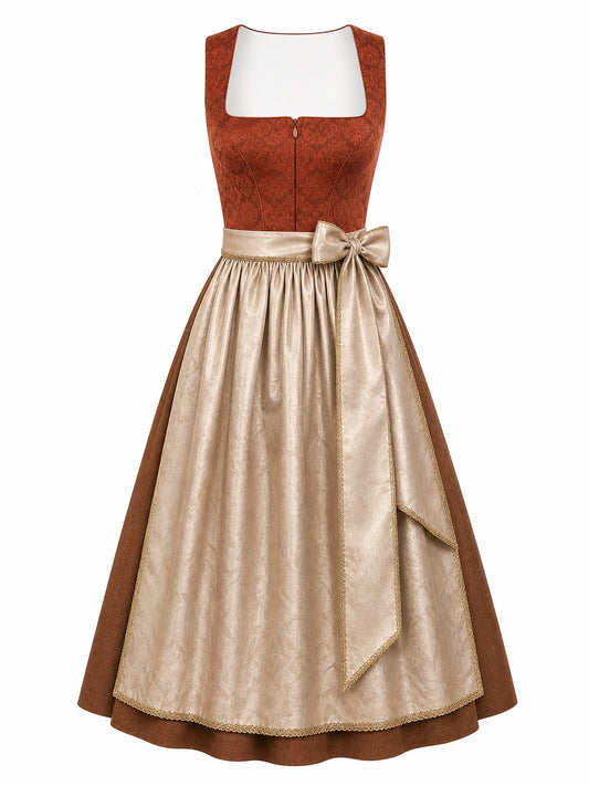 Dirndl Johanna in Sienabraun mit Champagner Schürze - Vorderansicht
