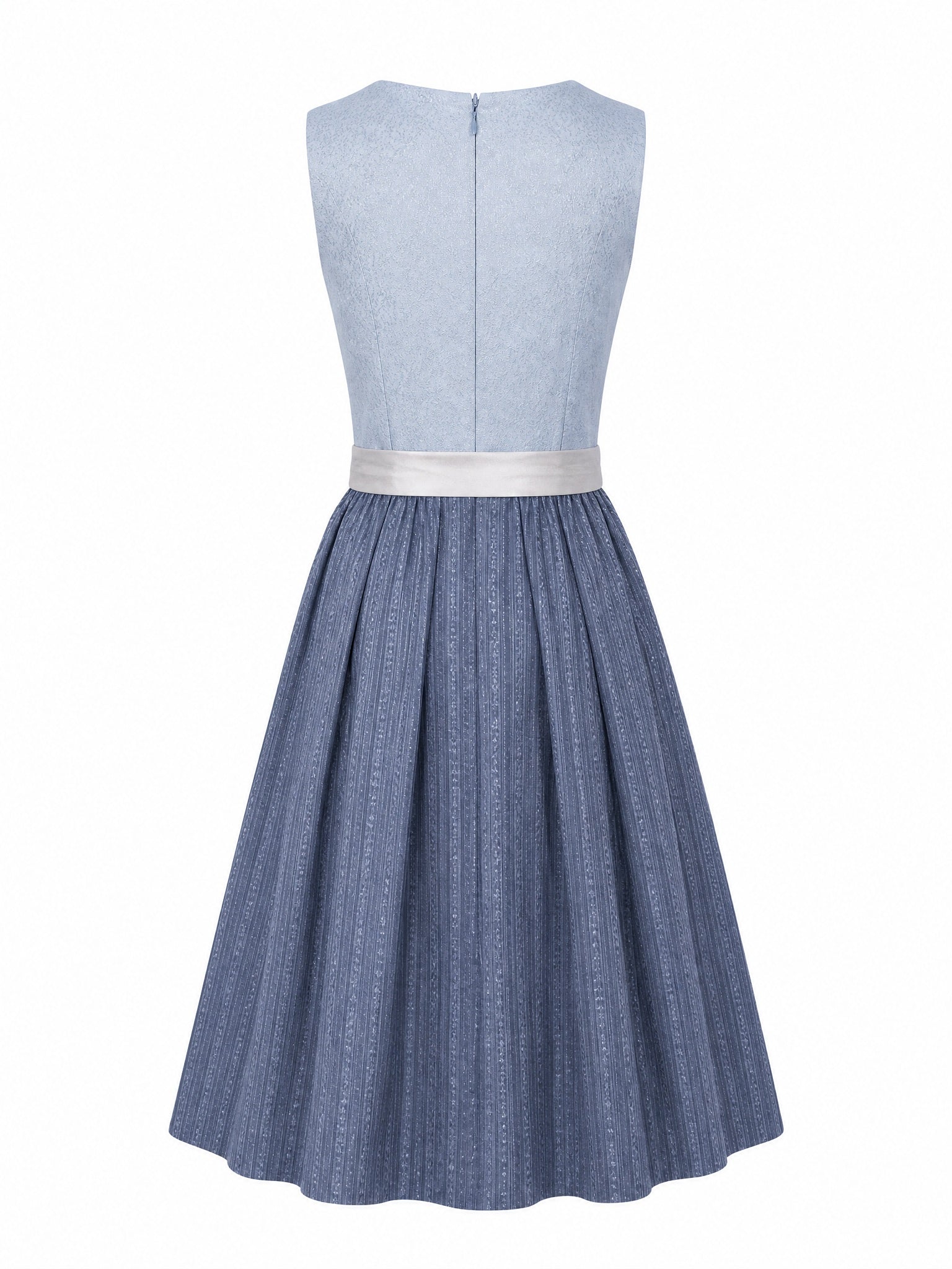 Dirndl Mina in Puderblau mit Silber Schürze - Rückansicht