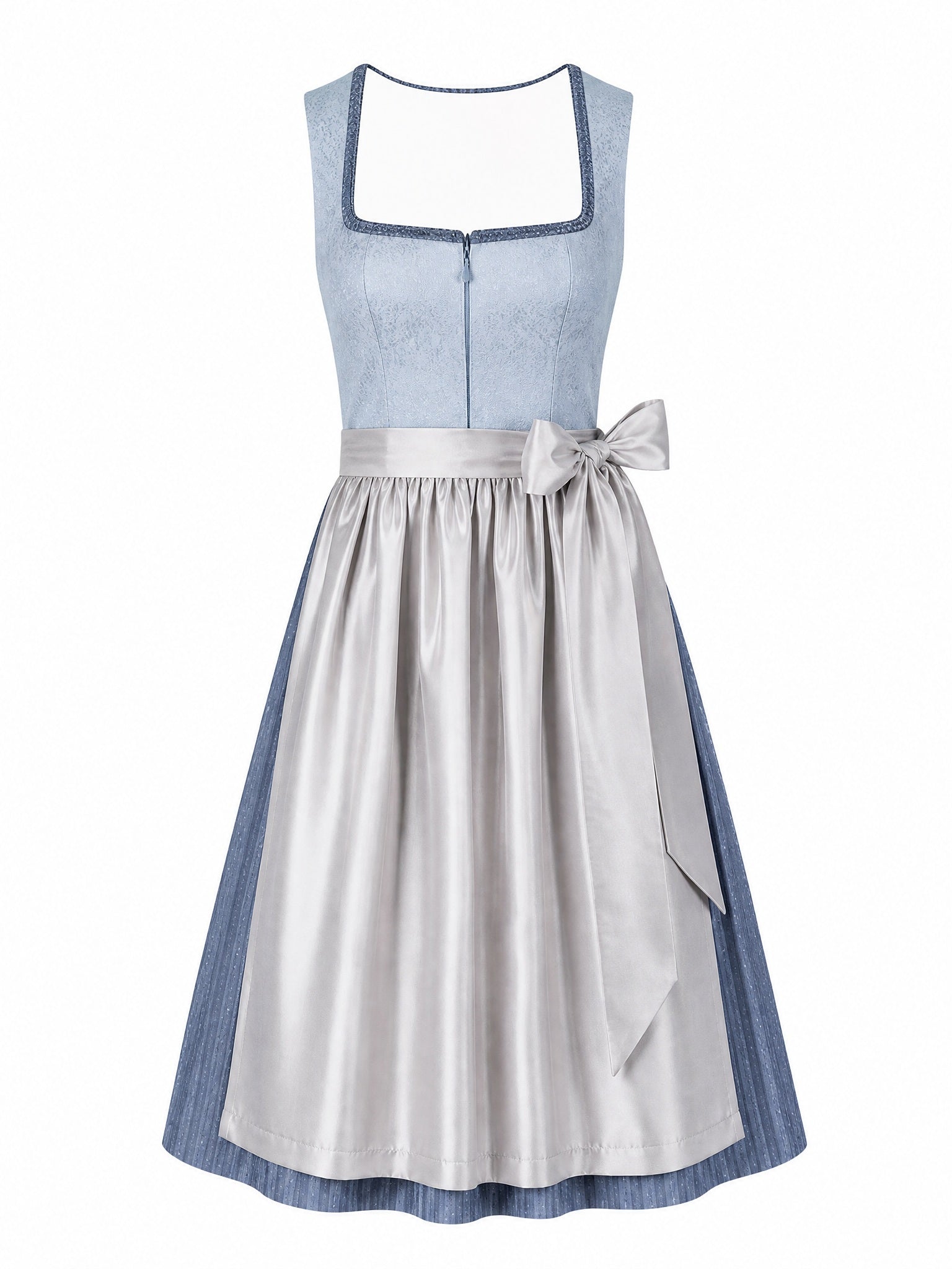 Dirndl Mina in Puderblau mit Silber Schürze - Vorderansicht