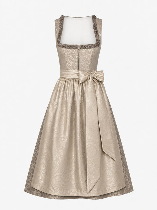 Dirndl Sina in Beigegrau mit Champagner Schürze - Vorderansicht