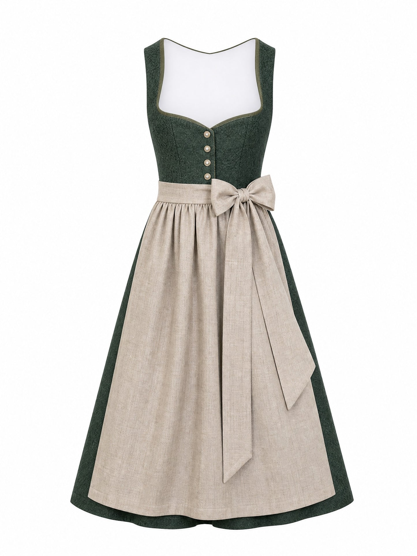 Dirndl Anika in Waldgrün mit Haferbeige Schürze - Vorderansicht