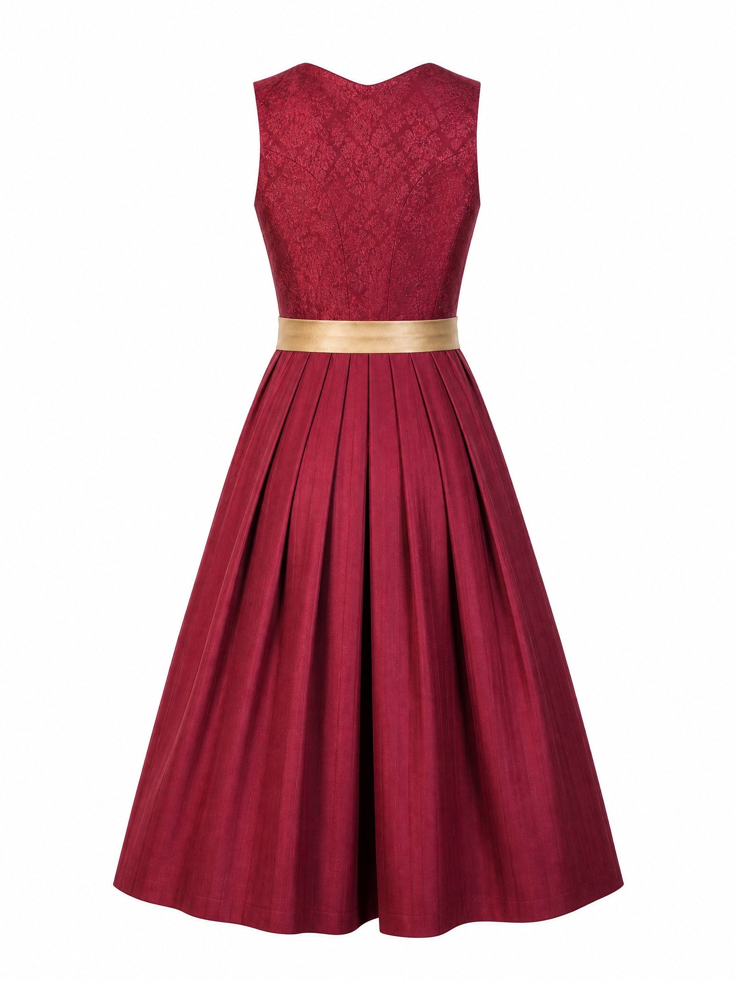 Dirndl Cecilia in Cranberryrot mit Antikgold Schürze - Rückansicht