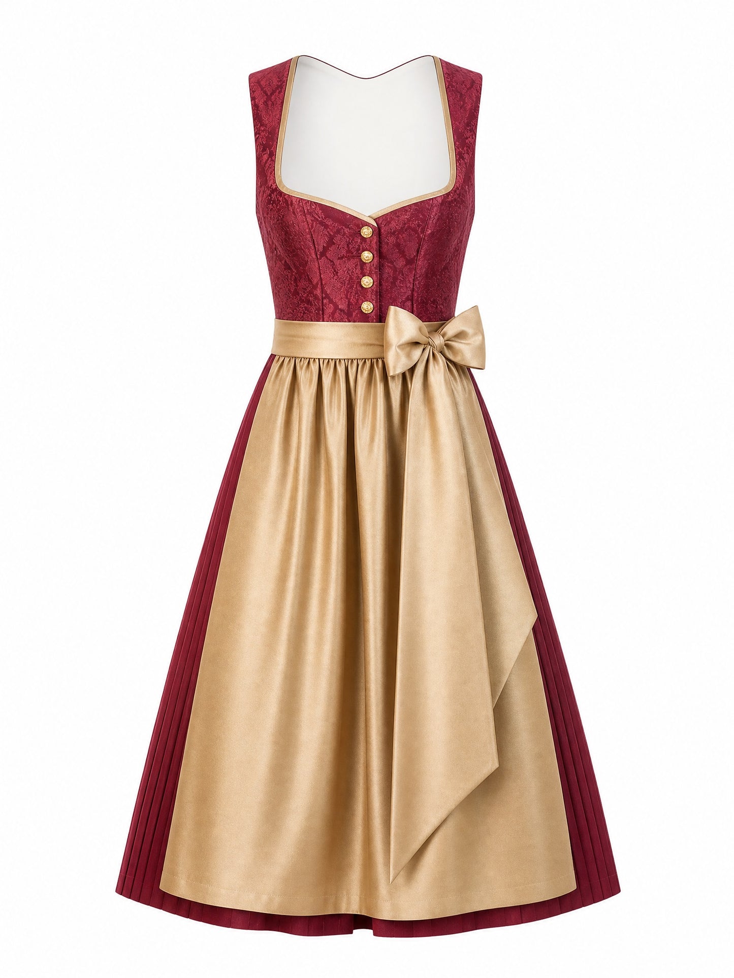Dirndl Cecilia in Cranberryrot mit Antikgold Schürze - Vorderansicht