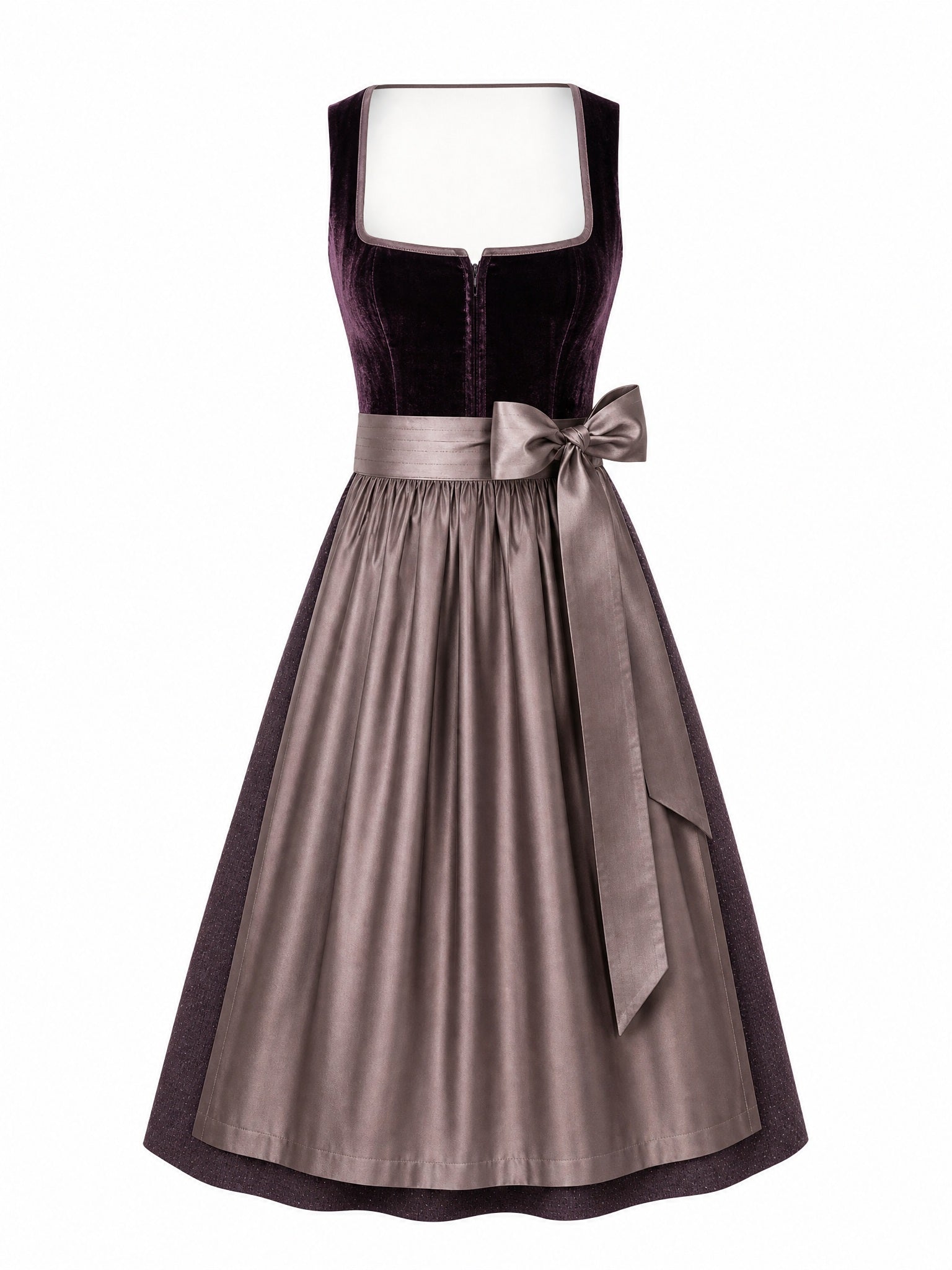 Dirndl Helena in Brombeere mit Taupe Schürze - Vorderansicht