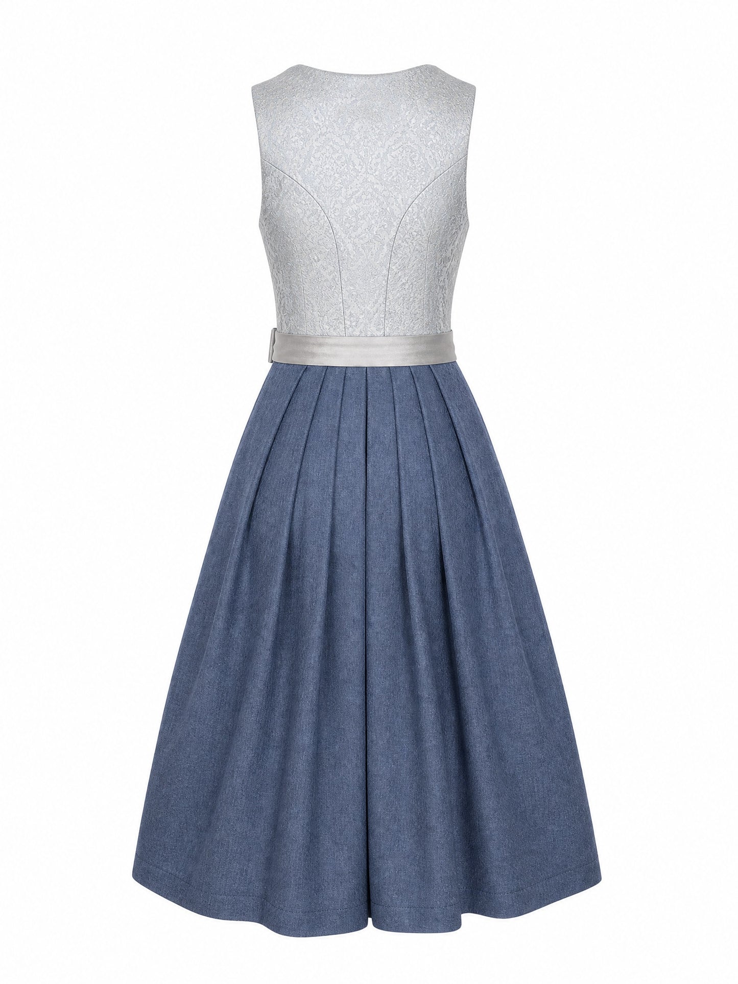 Dirndl Luise in Silberblau mit Perlgrau Schürze - Rückansicht