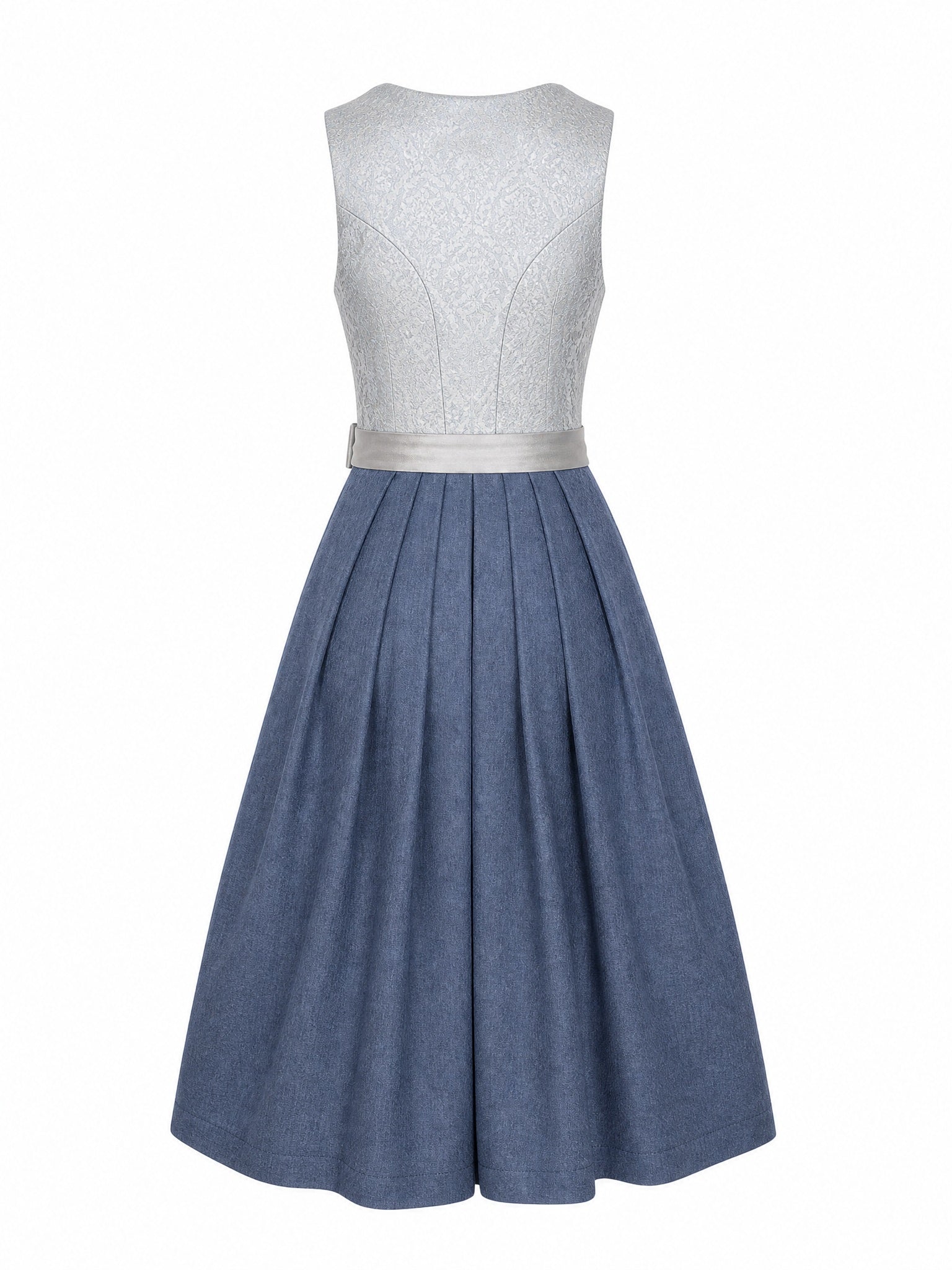 Dirndl Luise in Silberblau mit Perlgrau Schürze - Rückansicht