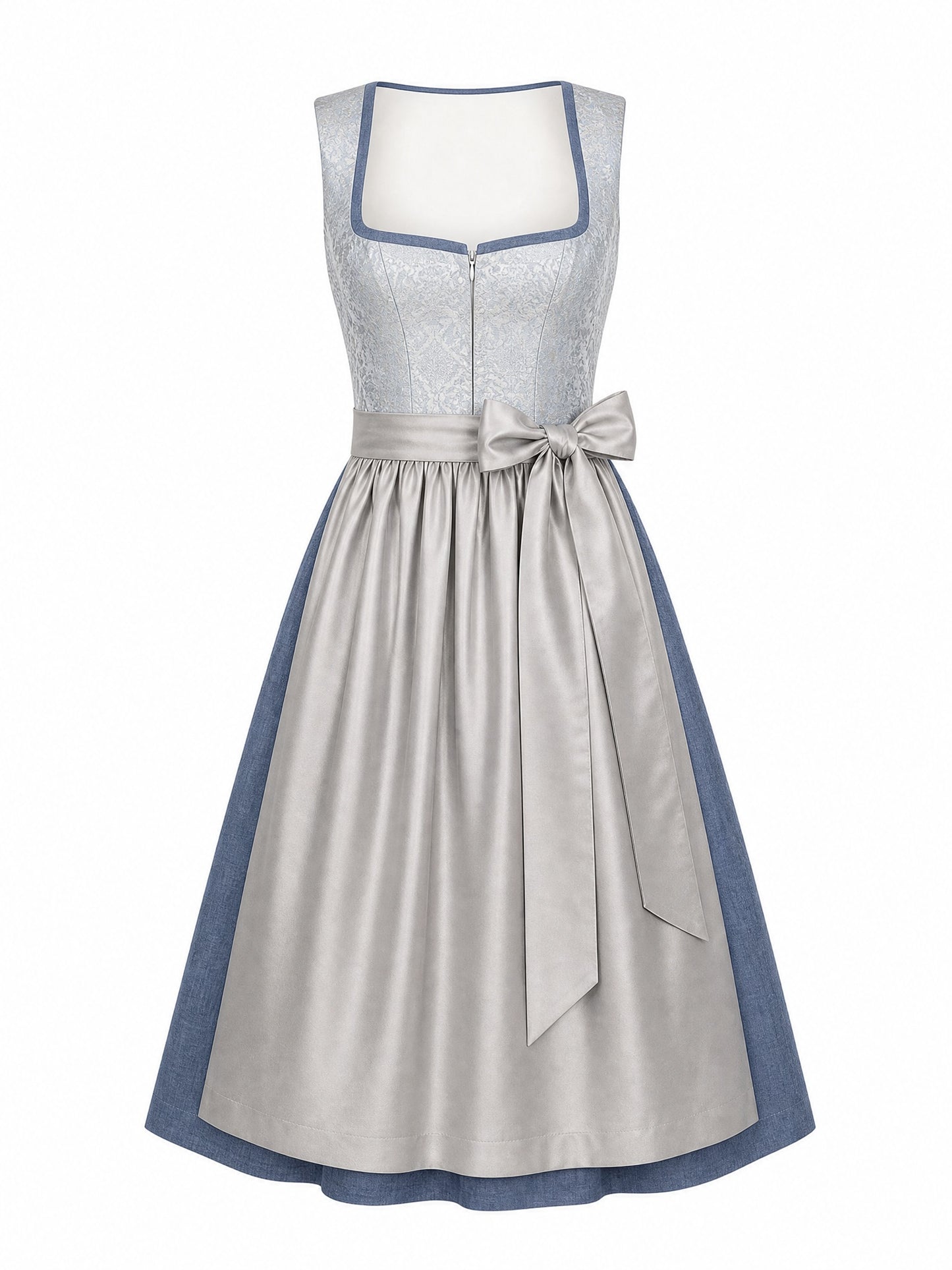 Dirndl Luise in Silberblau mit Perlgrau Schürze - Vorderansicht