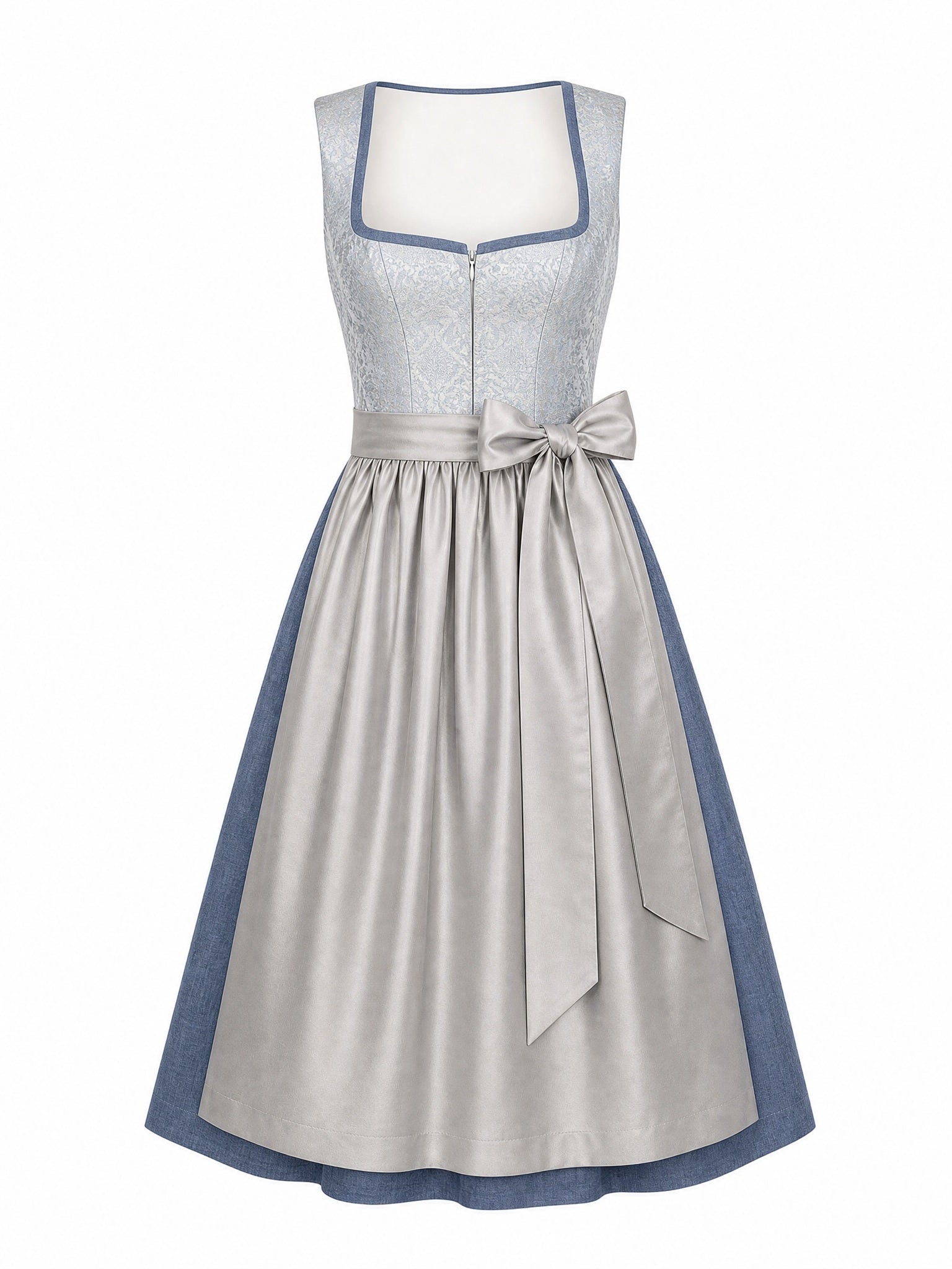 Dirndl Luise in Silberblau mit Perlgrau Schürze - Vorderansicht
