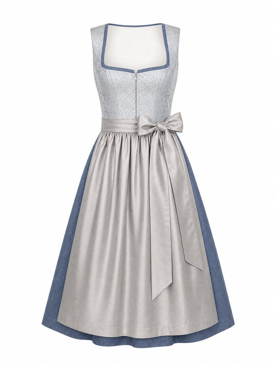 Dirndl Luise in Silberblau mit Perlgrau Schürze - Vorderansicht