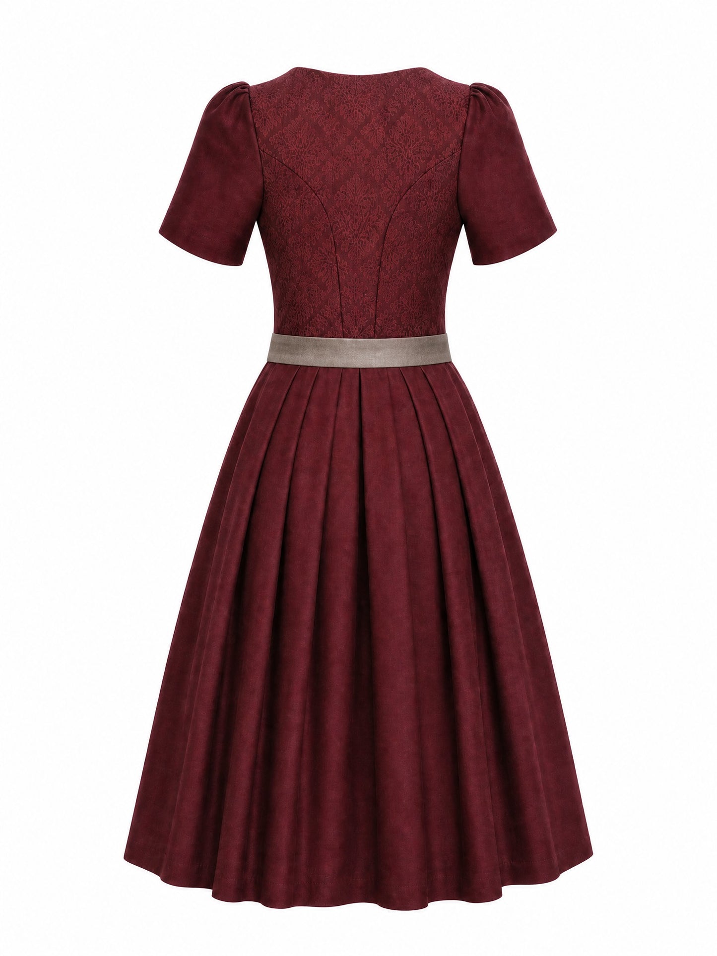 Dirndl Felicia in Weinrot mit Taupe Schürze - Rückansicht