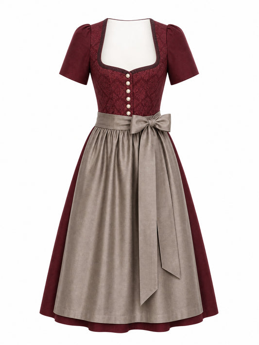 Dirndl Felicia in Weinrot mit Taupe Schürze - Vorderansicht